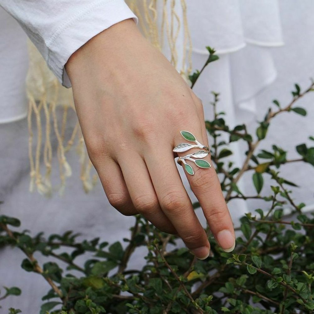 Sterling Open Leaf Ring Natural Stone